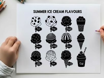 Silhouette of various summer ice cream flavors in black and white