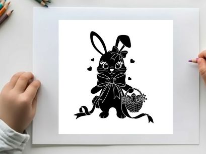 Adorable silhouette bunny with bow and basket silhouette