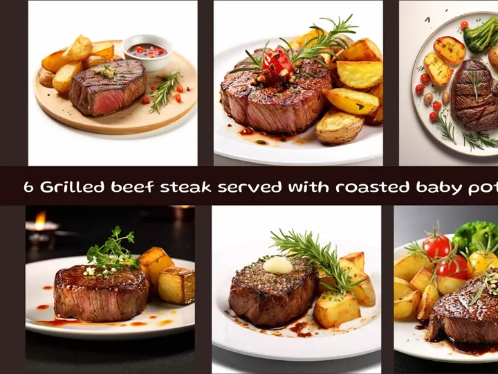 Grilled beef steak served with roasted baby potatoes