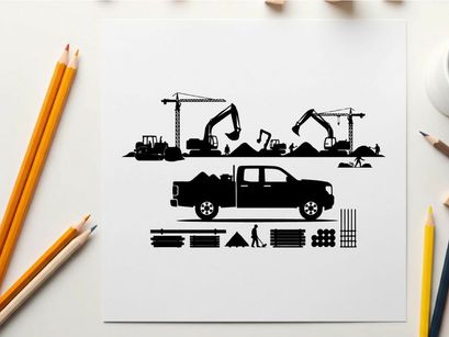 Construction site silhouette with truck and equipment