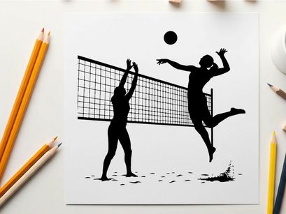 Silhouette of beach volleyball players in action