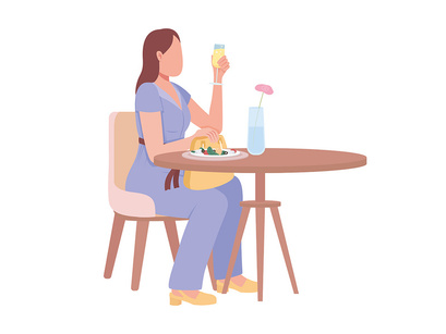Pretty ladies enjoing white wine and salad semi flat color vector characters set