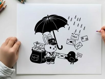 A rabbit postal worker in silhouette holds an umbrella on a rainy day