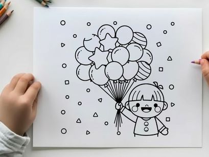 Child holding colorful balloons vector illustration flat design