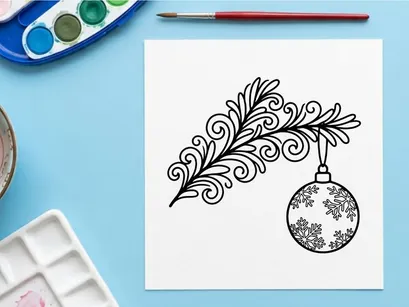 Christmas bauble hanging on a decorative pine branch line art illustration
