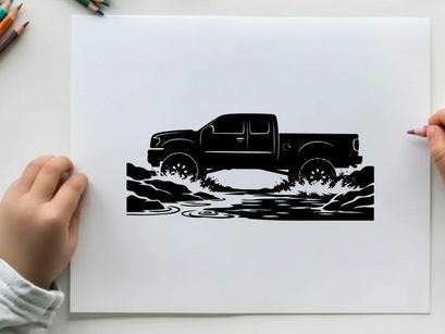 Silhouette of a pickup truck driving through water