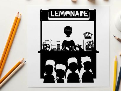 Silhouette of kids buying lemonade from a vendor stand