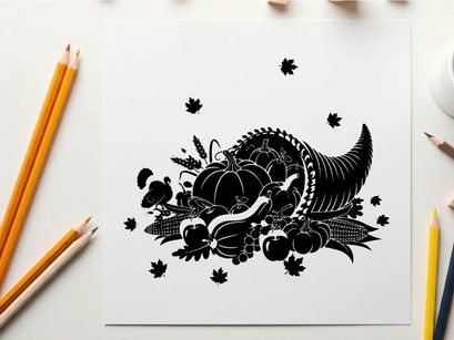 Silhouette of a cornucopia with fruits and leaves