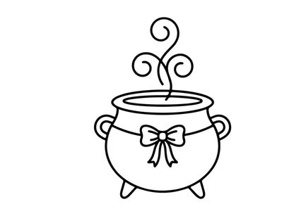 Vintage cauldron with steam rising and decorative bow. Classic black cooking pot for Halloween or witchcraft themes.