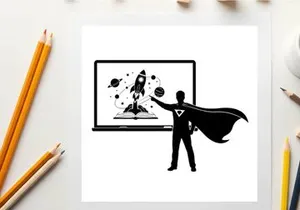 Silhouette of a superhero presenting a rocket on a screen