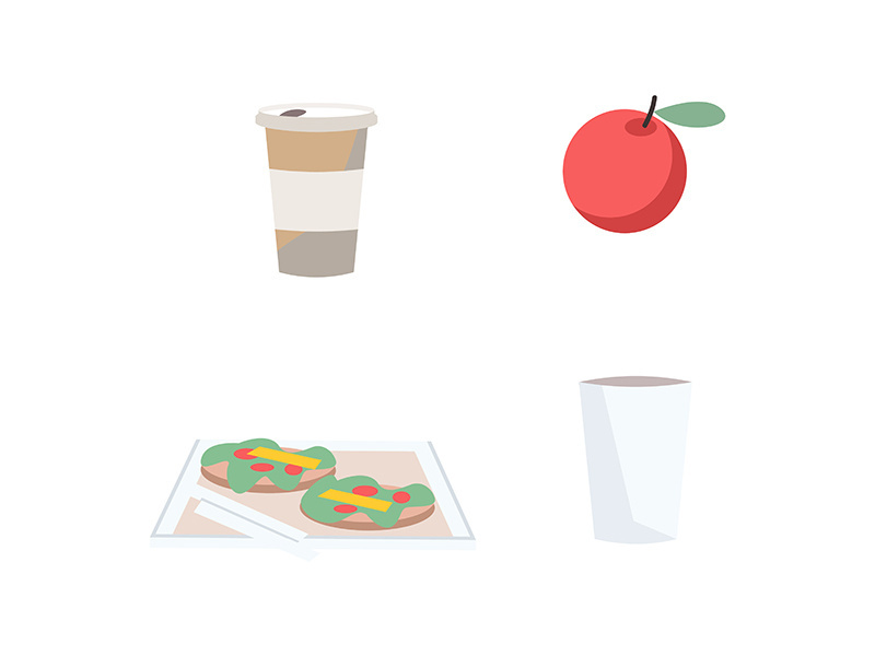 Snacks and drinks flat color vector objects set