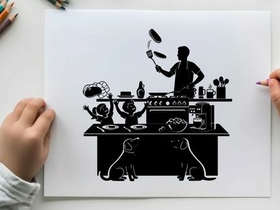 Silhouette of a chef cooking with children and pets