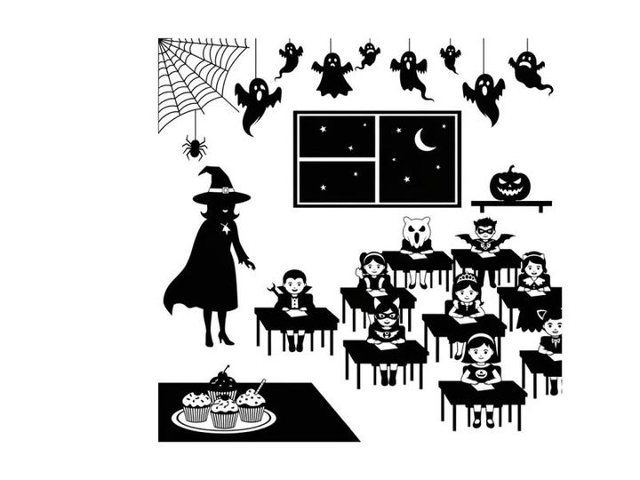 Halloween classroom scene with witch and children in silhouette