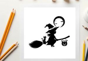 Silhouette of a witch flying on a broomstick with cat and jack o lantern