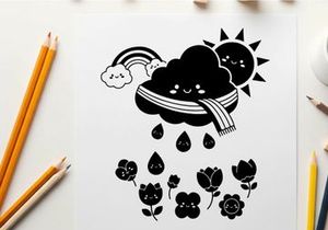 Whimsical silhouette of a cloud wearing scarf with flowers and rainbow