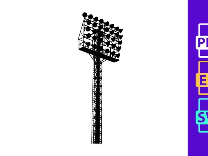 A tall stadium light pole with multiple lights on top against a gray sky