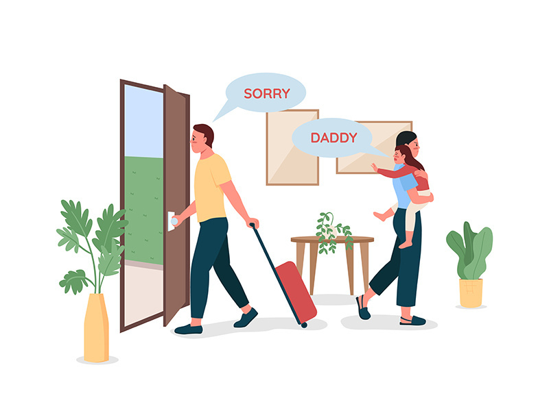 Father leaving wife and kid flat color vector detailed characters