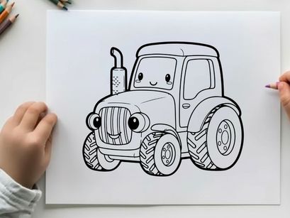 Cute blue tractor smiling vector illustration flat design
