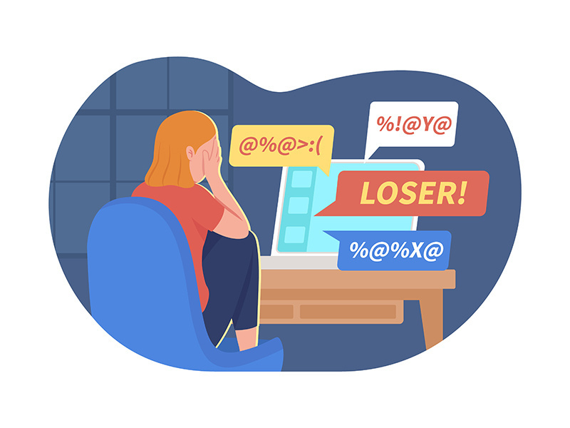 Teen girl and cyber bullying problem 2D vector isolated illustration