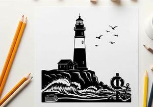 Silhouette of a lighthouse on a rocky coastline with seagulls