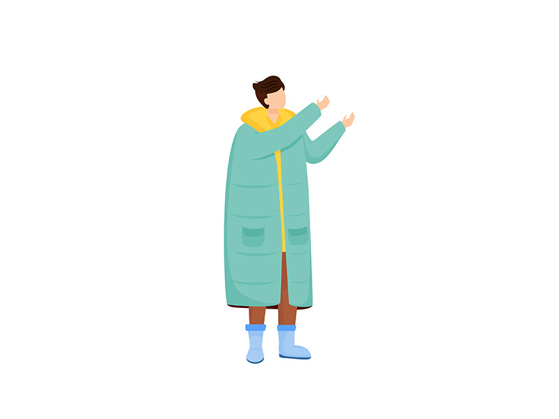 Man in long blue coat flat color vector faceless character