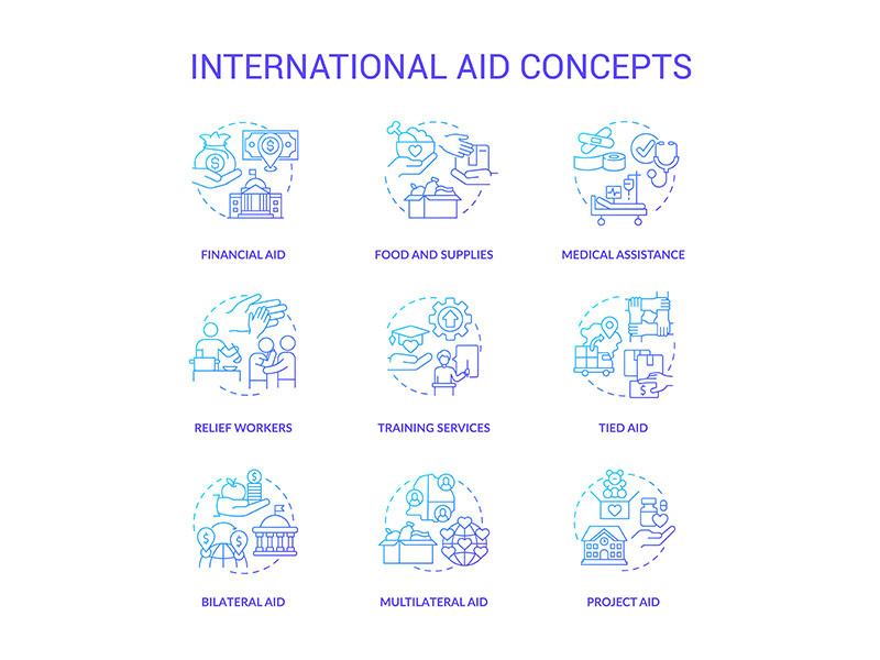 International aid blue gradient concept icons set