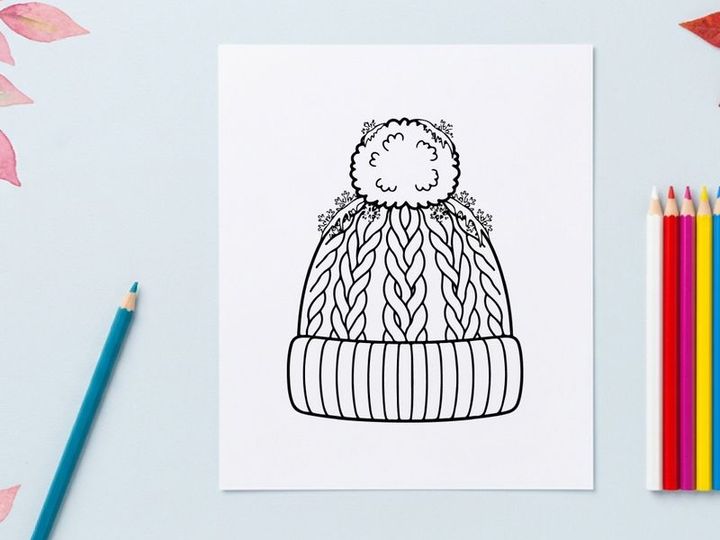 Winter knit beanie hat with pom pom line art illustration for Christmas coloring page