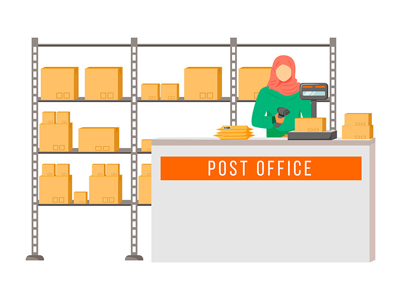 Post office female worker with hijab flat color vector illustration