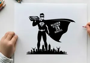 Superhero silhouette delivering food in 30 minutes guaranteed