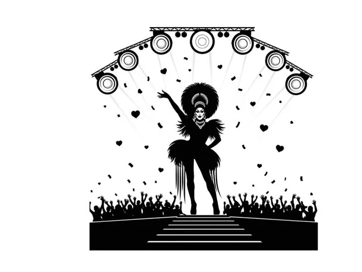 Silhouette of a drag queen performing on stage with confetti