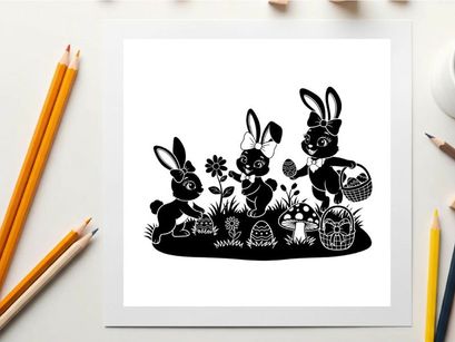 Easter bunny silhouette scene with eggs and flowers