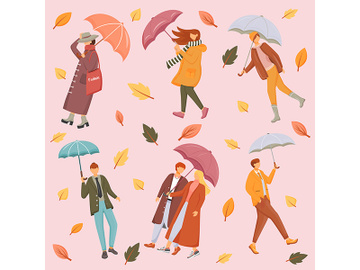 People with umbrellas flat vector seamless pattern preview picture