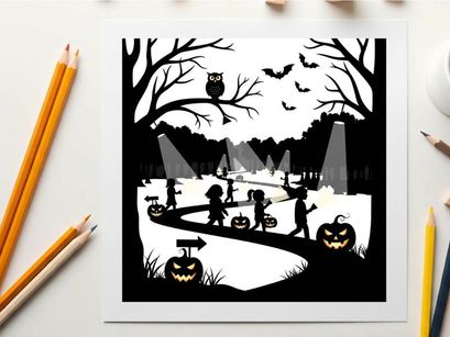 Halloween silhouette of children trick or treating in a spooky graveyard at night