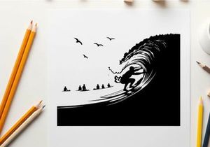 Surfer riding giant wave in silhouette at sunset beach