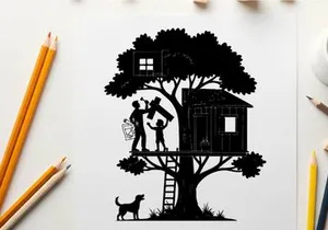 Silhouette of family in treehouse with dog and construction