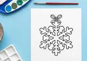 Christmas snowflake ornament line art illustration with a decorative bow on white background