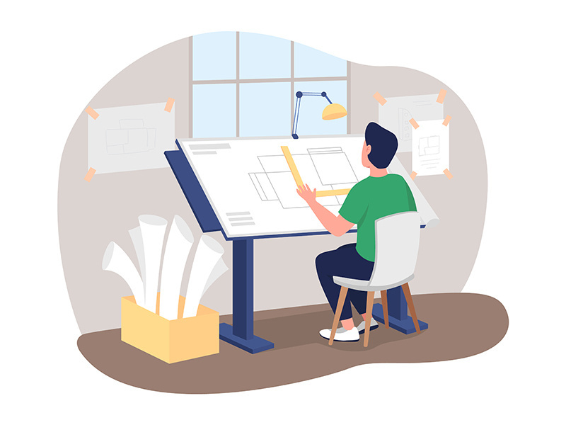 Architect at work desk 2D vector web banner, poster