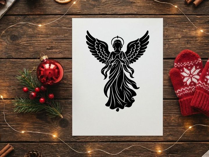 Black silhouette of a praying angel with wings, isolated on white background.