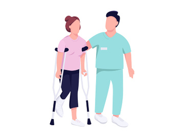 Injured woman on crutches and doctor flat color vector faceless character preview picture