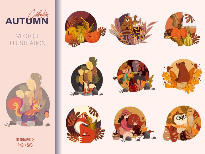 Set of different animals with autumn season background.