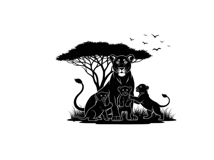 Lioness and cubs silhouette under tree with birds flying overhead savannah scene