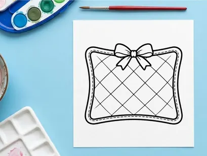 Quilted Christmas gift tag or label with a decorative bow in a simple line art style.