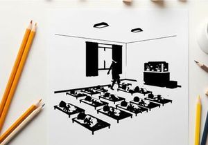 Silhouette of a person in a room with beds and silhouette
