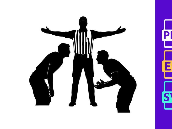 Referee separating two boxers in a boxing match with outstretched arms