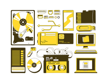 Data storage devices yellow linear objects set preview picture