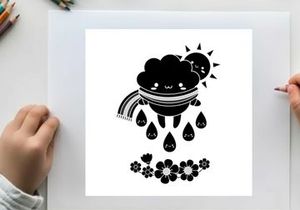 Silhouette of a smiling cloud with raindrops and flowers