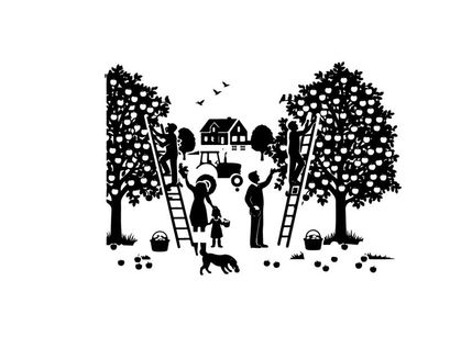 Family harvesting apples in orchard silhouette