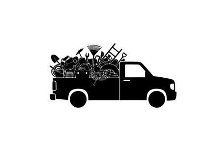 Silhouette of a truck loaded with various tools and equipment