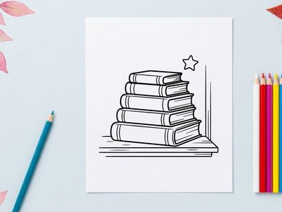 Pila de libros en un estante con un icono de estrella, ilustración navideña dibujada a mano.