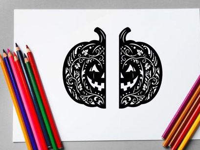Silueta decorativa de calabaza de Halloween con patrones intrincados y rostro tallado